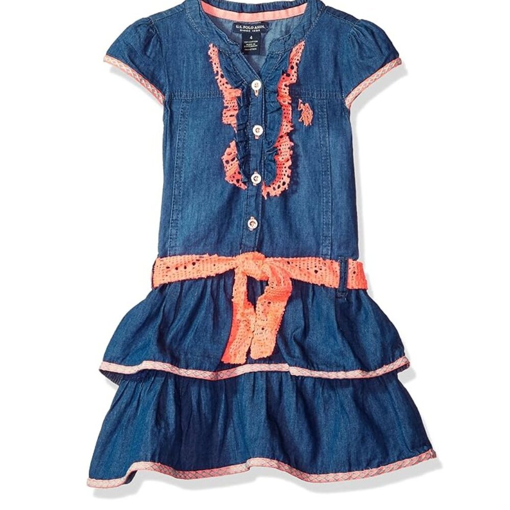 NEW U.S. Polo Assn. Chambray Denim Tiered Tie Belted Ruffled Short Sleeve Dress